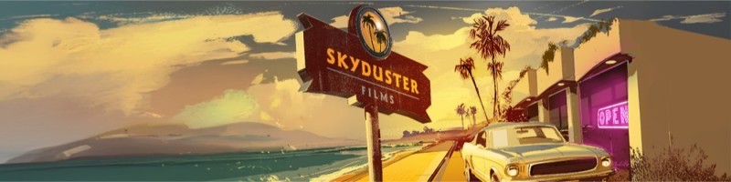 Illustrated Skyduster Films California roadside banner with coastline, palms, and a classic car